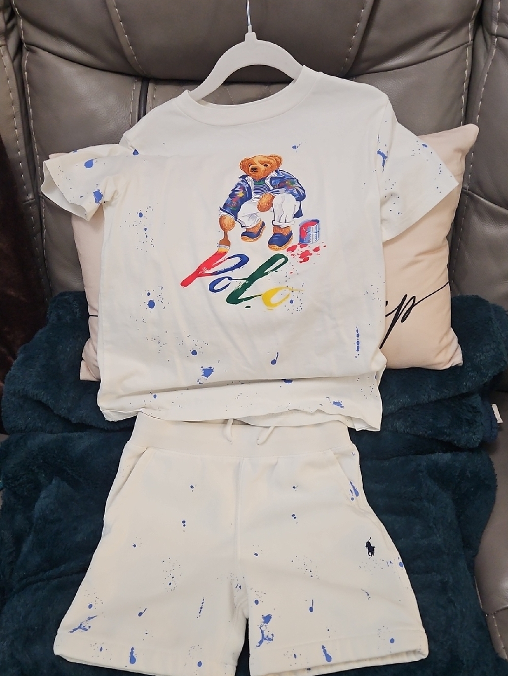 Polo by Ralph Lauren White Kids Tee & Shorts Set with Multicolor Bear Graphic
